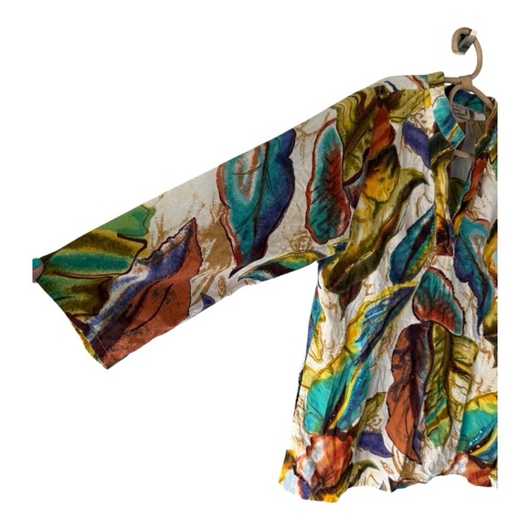 Life Style Split Neck Tunic Top Blouse Multicolor Tropical Leaf Print Size 1X - Picture 3 of 10